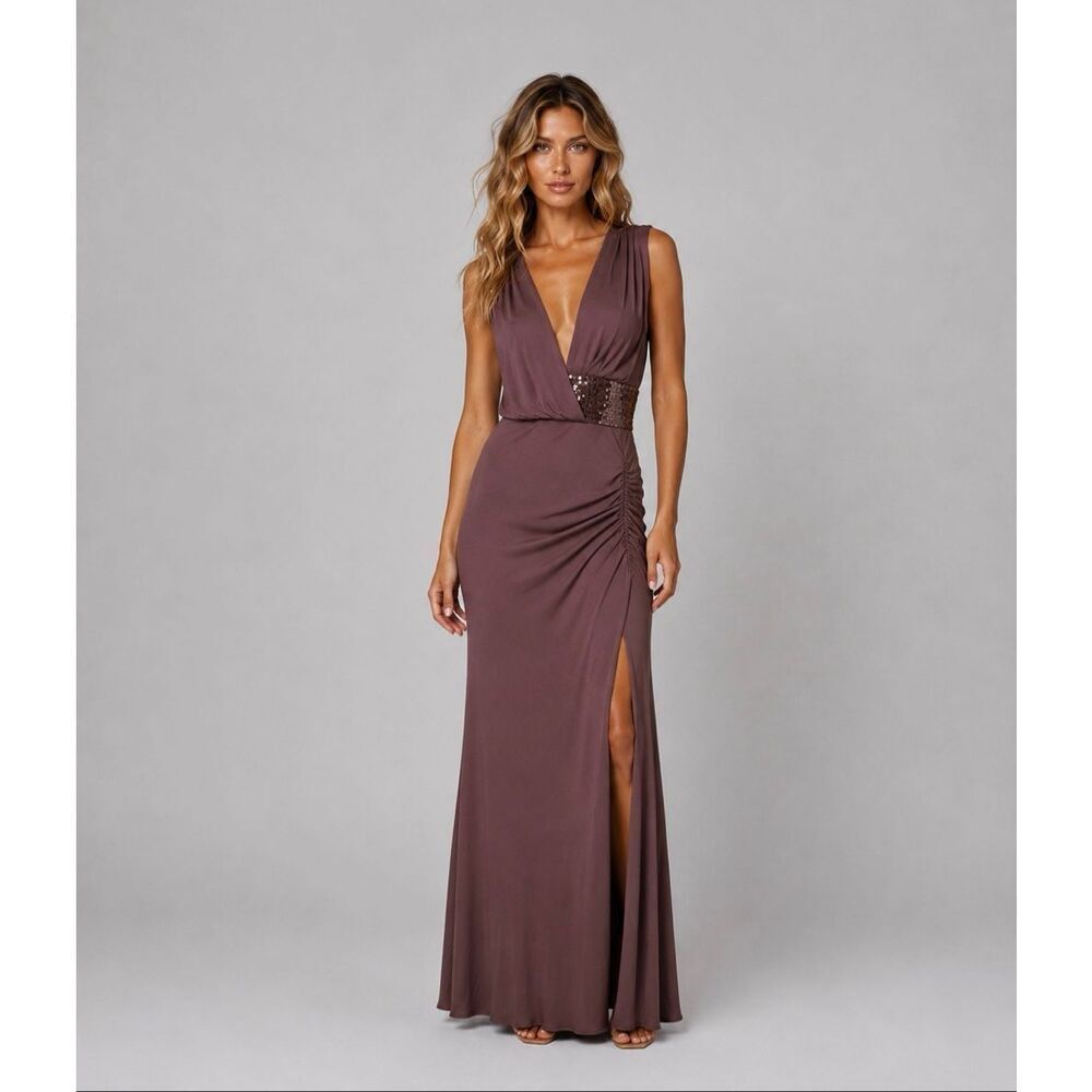 NWT Herve Leger Lucille Sequin Maxi Gown Dress Coffee Brown S (141)